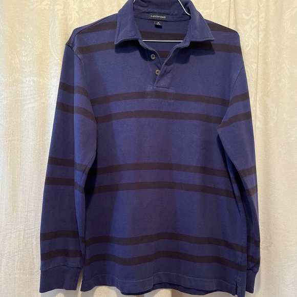 Vintage Lands' End Men’s Rugby Shirt, Blue/Black Stripes, Size Medium - Picture 1 of 5